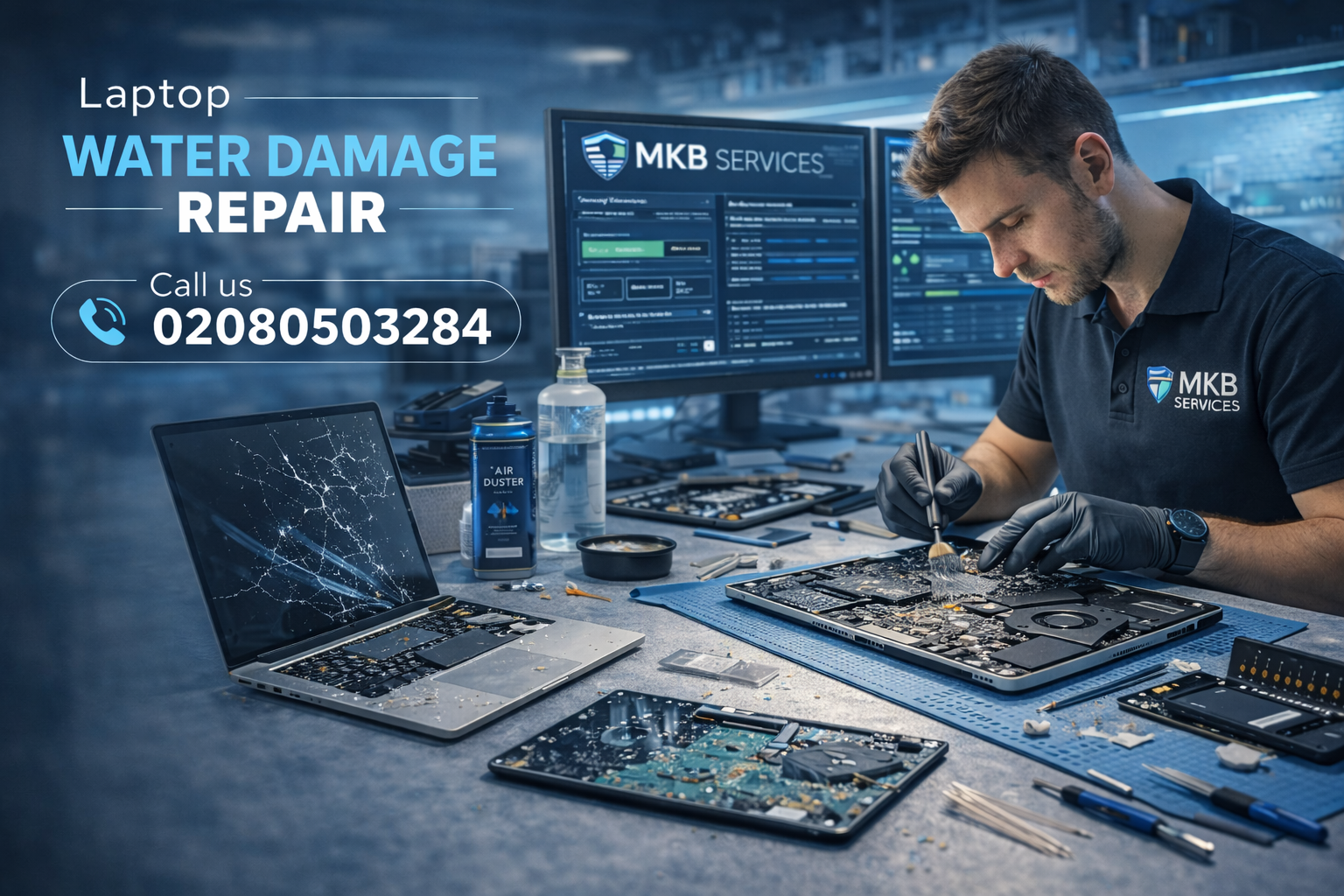 Water-damaged laptop repair in action